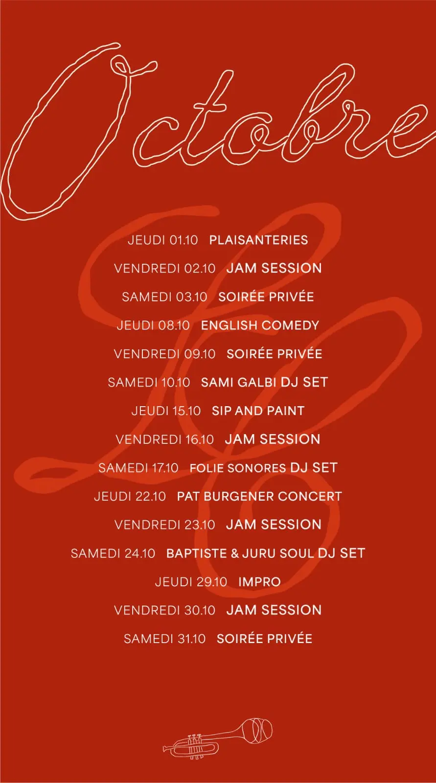 Programme d'octobre 2026 de La Cave du Cep d'Or a Vevey : jeudi 01.10 Plaisanteries, vendredi 02.10 jam session, samedi 03.10 soiree privee, jeudi 08.10 English comedy, vendredi 09.10 soiree privee, samedi 10.10 Sami Galbi DJ set, jeudi 15.10 sip and paint, vendredi 16.10 jam session, samedi 17.10 Folie Sonores DJ set, jeudi 22.10 concert de Pat Burgener, vendredi 23.10 jam session, samedi 24.10 Baptiste & Juru Soul DJ set, jeudi 29.10 impro, vendredi 30.10 jam session, samedi 31.10 soiree privee.