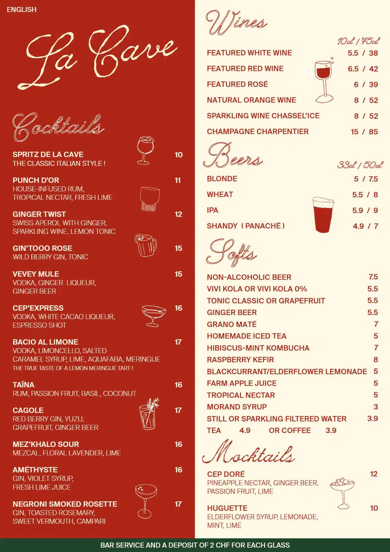 Drinks menu of La Cave du Cep d'Or in Vevey: cocktails, wines, beers, soft drinks and mocktails with prices.