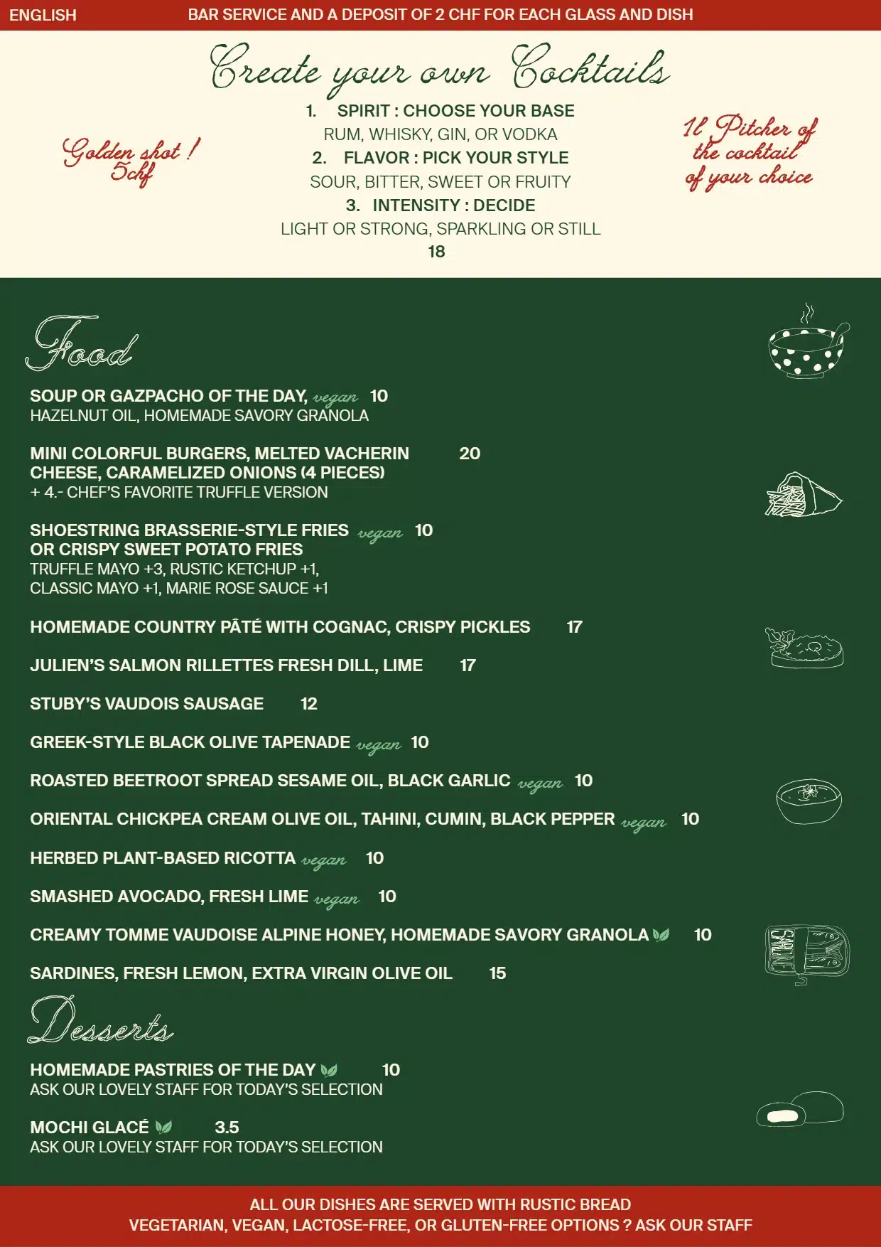 Food menu of La Cave du Cep d'Or in Vevey: bespoke cocktails, sharing plates and desserts with prices.
