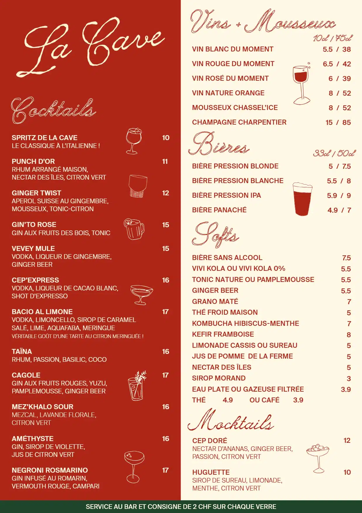 Carte des boissons de La Cave du Cep d'Or a Vevey : cocktails, vins, bieres, softs et mocktails avec les prix.