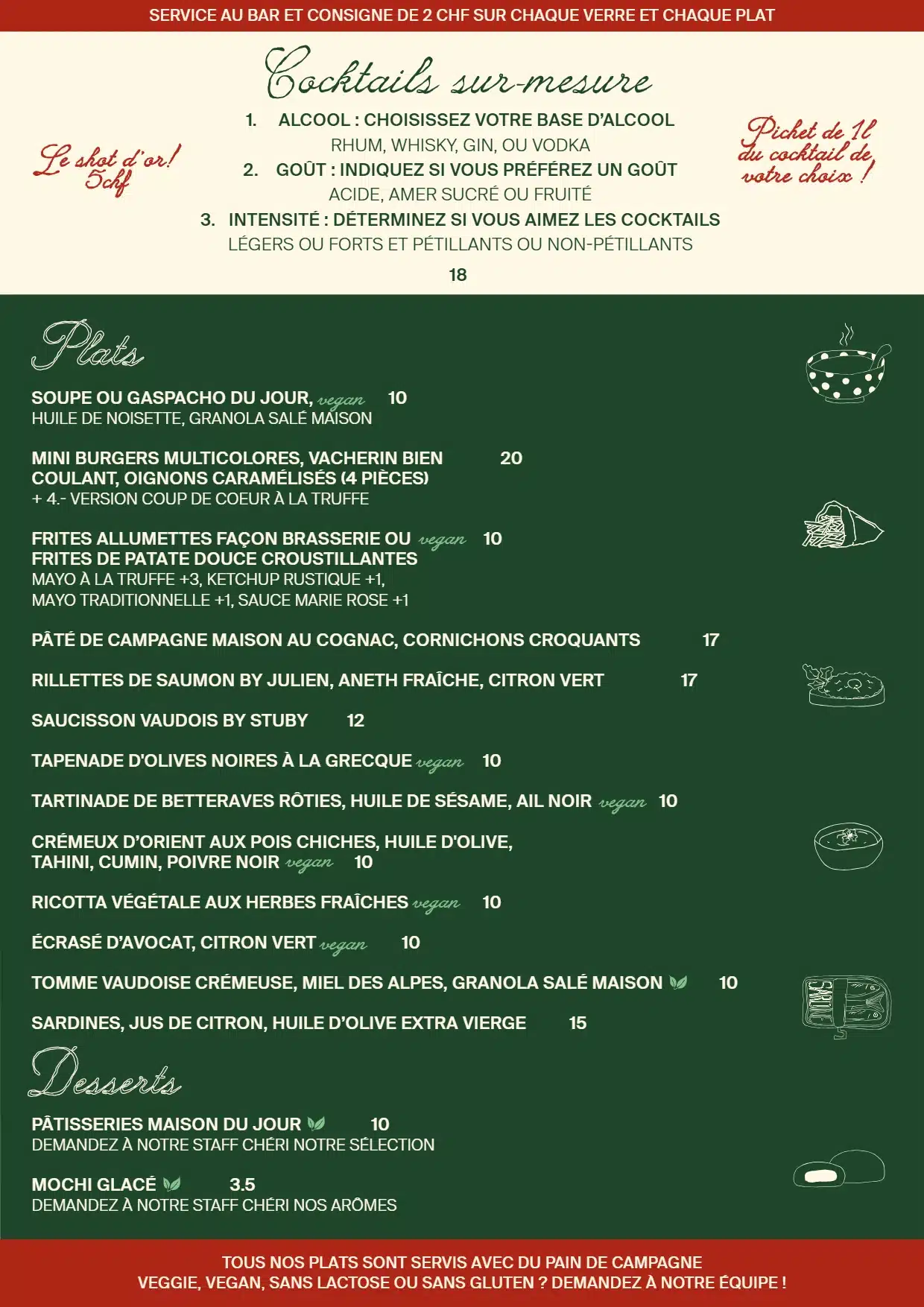 Carte des plats de La Cave du Cep d'Or a Vevey : cocktails sur-mesure, plats a partager et desserts avec les prix.
